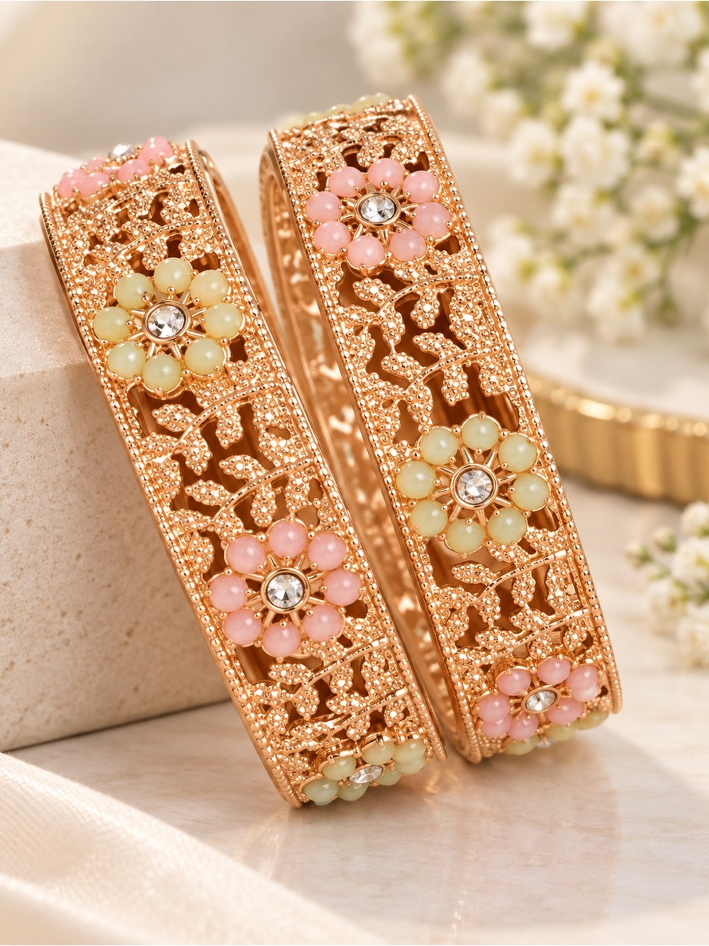 Elegant Gold Floral Bangle Bracelet with Pink & Cream Accents